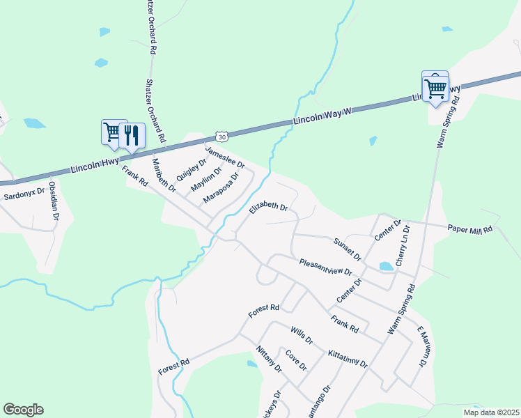 map of restaurants, bars, coffee shops, grocery stores, and more near 1642 Elizabeth Drive in Chambersburg