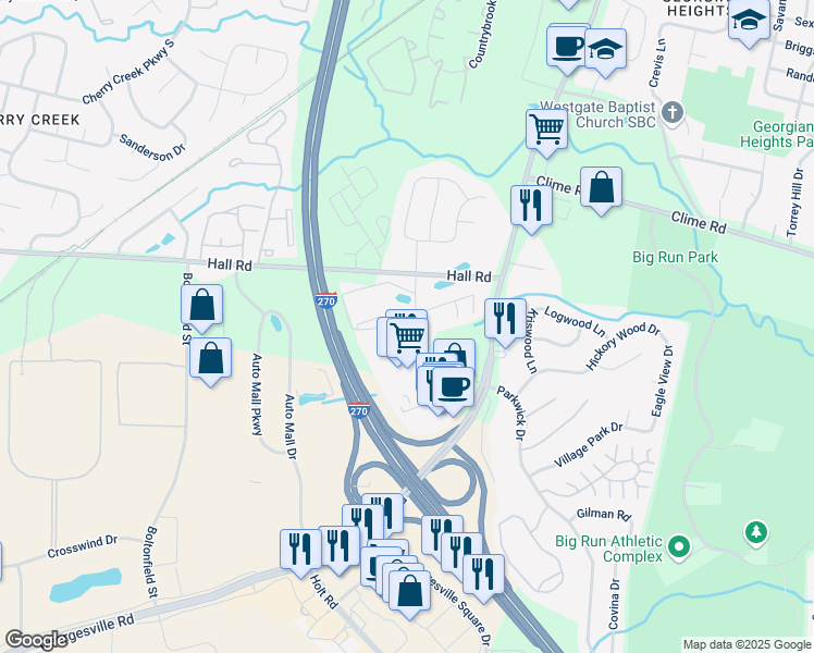 map of restaurants, bars, coffee shops, grocery stores, and more near 4541 Belvedere Park in Columbus
