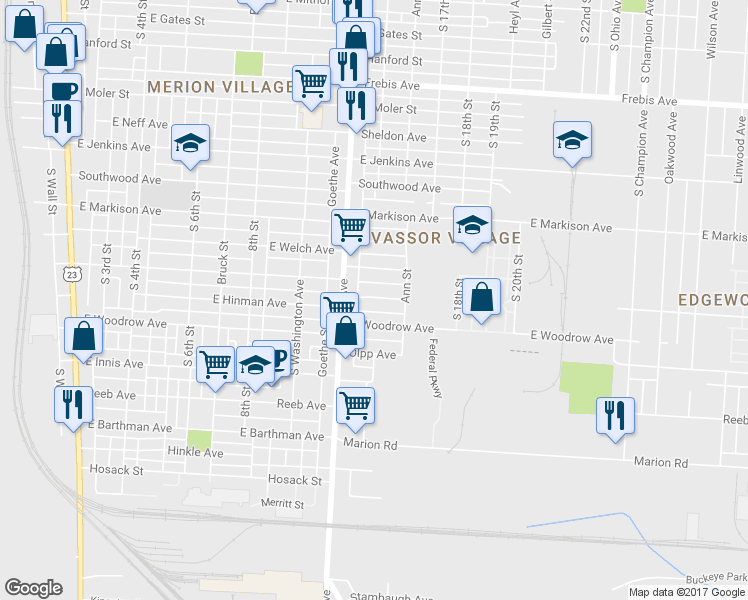 map of restaurants, bars, coffee shops, grocery stores, and more near 477 East Hinman Avenue in Columbus