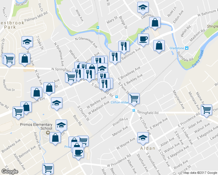 map of restaurants, bars, coffee shops, grocery stores, and more near 26 East Broadway Avenue in Clifton Heights