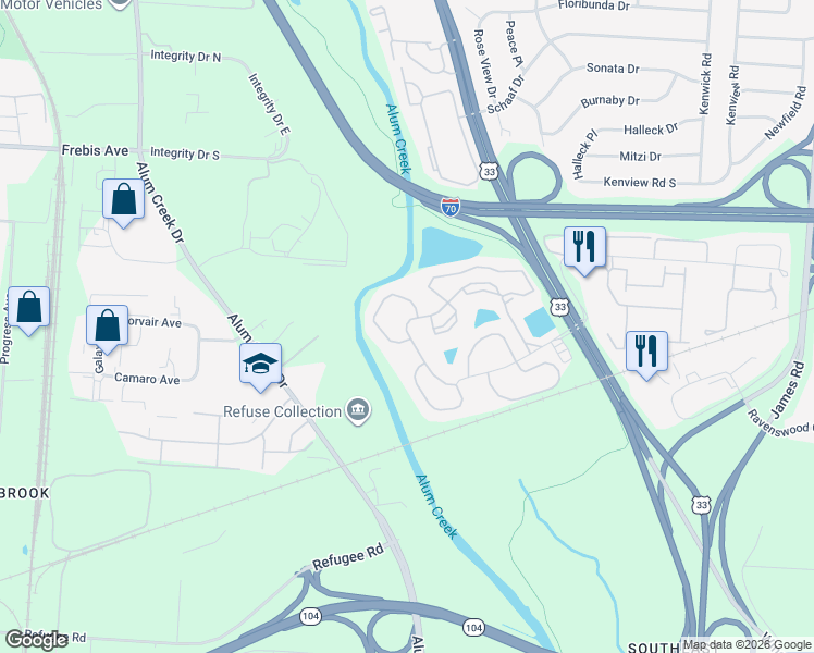 map of restaurants, bars, coffee shops, grocery stores, and more near 2316 Waters Edge Boulevard in Columbus