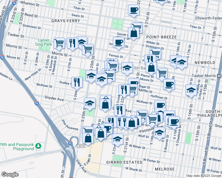map of restaurants, bars, coffee shops, grocery stores, and more near 1916 South 23rd Street in Philadelphia