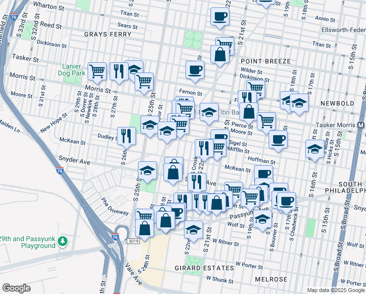 map of restaurants, bars, coffee shops, grocery stores, and more near 1916 South 23rd Street in Philadelphia