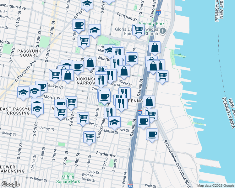map of restaurants, bars, coffee shops, grocery stores, and more near 240 Greenwich Street in Philadelphia