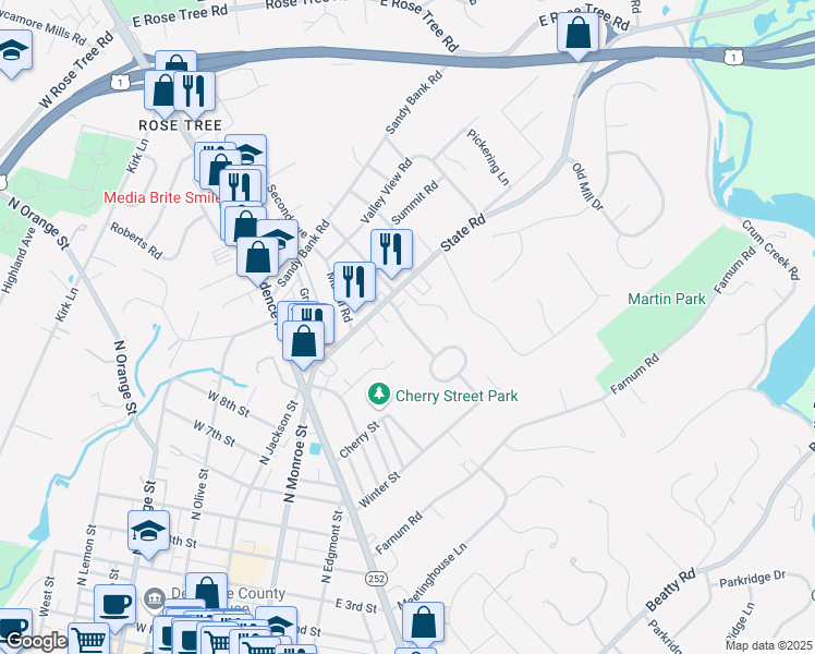 map of restaurants, bars, coffee shops, grocery stores, and more near 8 S Overhill Rd in Media