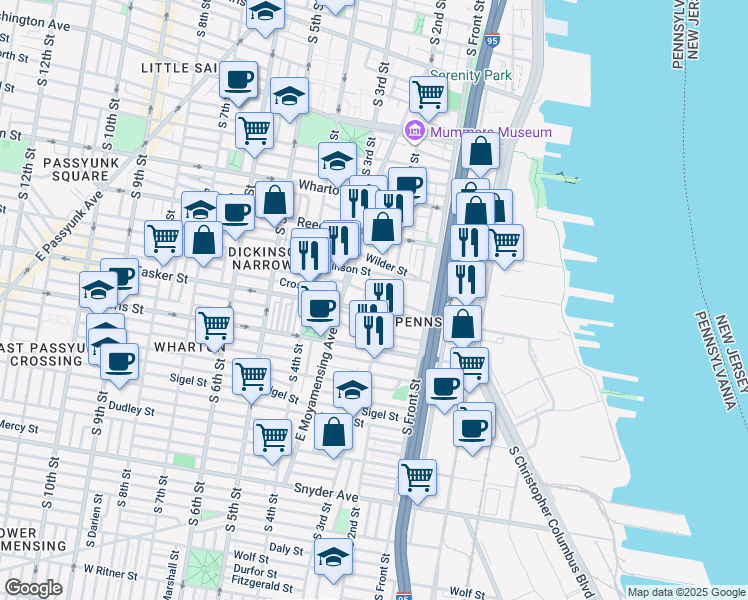 map of restaurants, bars, coffee shops, grocery stores, and more near 218 Greenwich Street in Philadelphia
