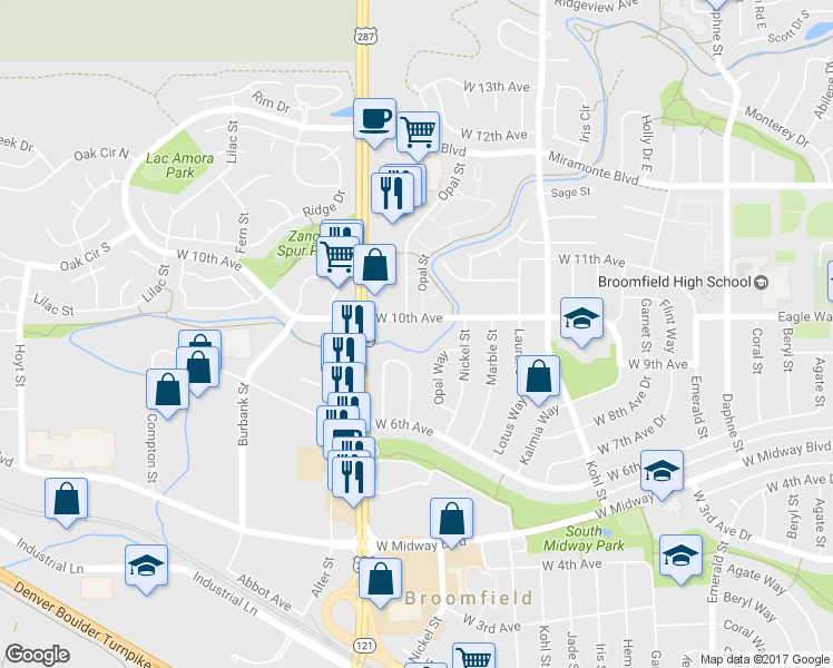 map of restaurants, bars, coffee shops, grocery stores, and more near 1600 W 10th Ave in Broomfield