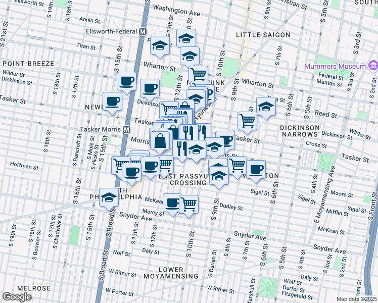 map of restaurants, bars, coffee shops, grocery stores, and more near 1623 South Jessup Street in Philadelphia
