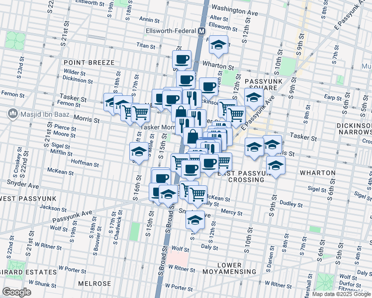 map of restaurants, bars, coffee shops, grocery stores, and more near 1344 Castle Avenue in Philadelphia