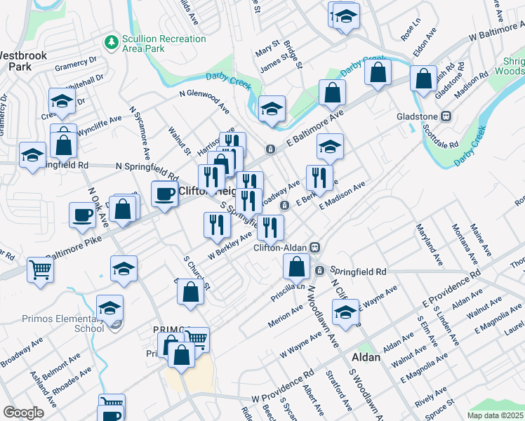 map of restaurants, bars, coffee shops, grocery stores, and more near 30 East Broadway Avenue in Clifton Heights
