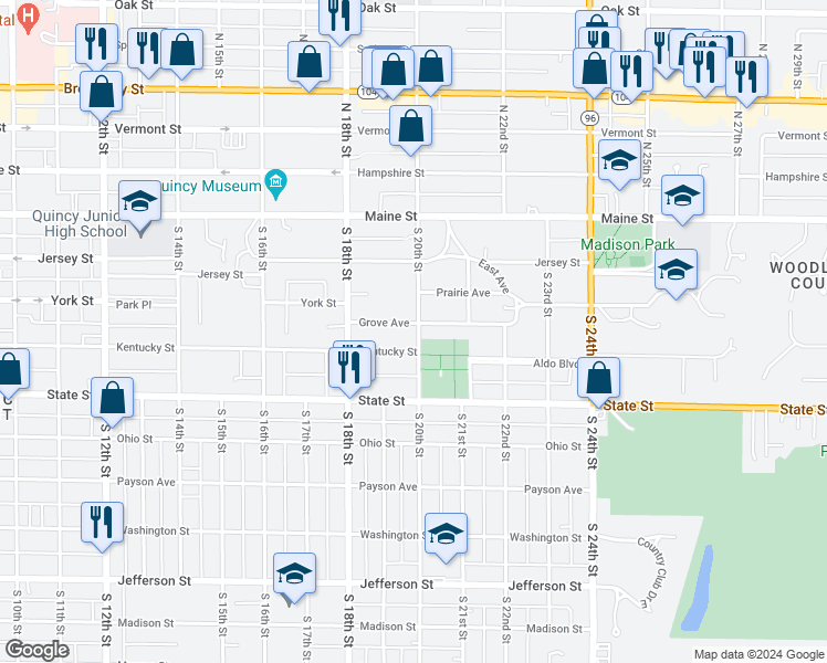 map of restaurants, bars, coffee shops, grocery stores, and more near 1874 Grove Avenue in Quincy