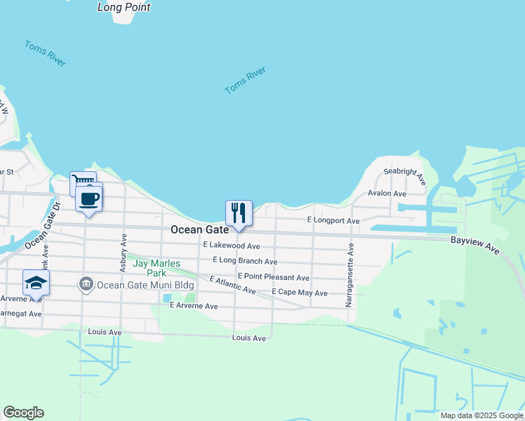 map of restaurants, bars, coffee shops, grocery stores, and more near 430 East Riviera Avenue in Ocean Gate