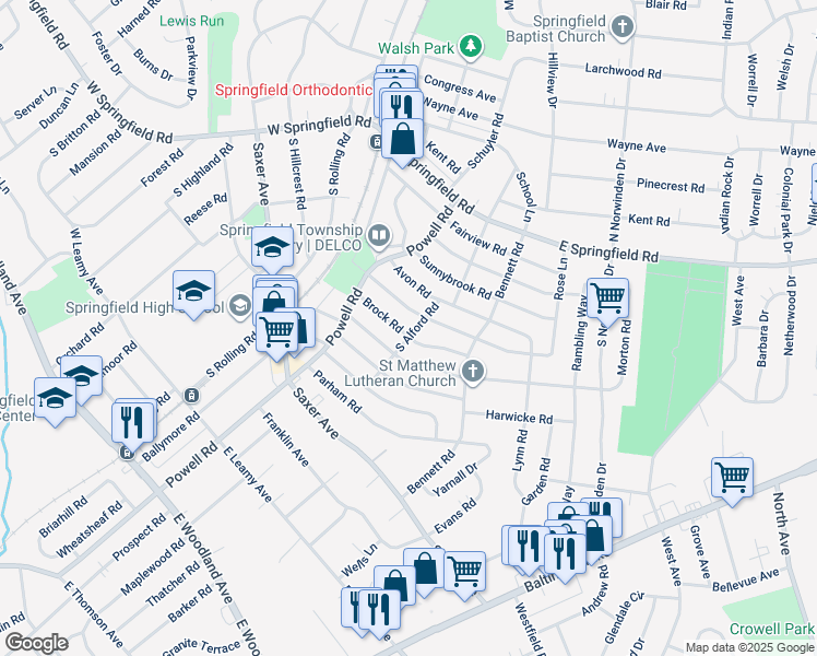 map of restaurants, bars, coffee shops, grocery stores, and more near 253 Brock Road in Springfield