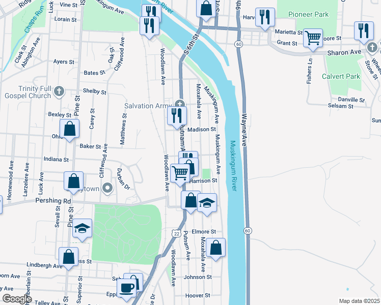 map of restaurants, bars, coffee shops, grocery stores, and more near 123 Van Buren Street in Zanesville