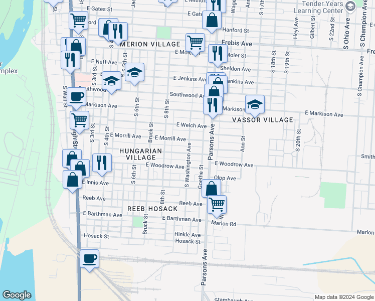 map of restaurants, bars, coffee shops, grocery stores, and more near 352 East Hinman Avenue in Columbus