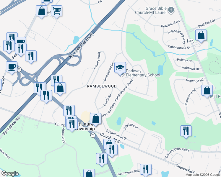 map of restaurants, bars, coffee shops, grocery stores, and more near 106 Oakmont Road in Mount Laurel Township