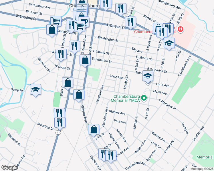 map of restaurants, bars, coffee shops, grocery stores, and more near 331 Pine Court in Chambersburg