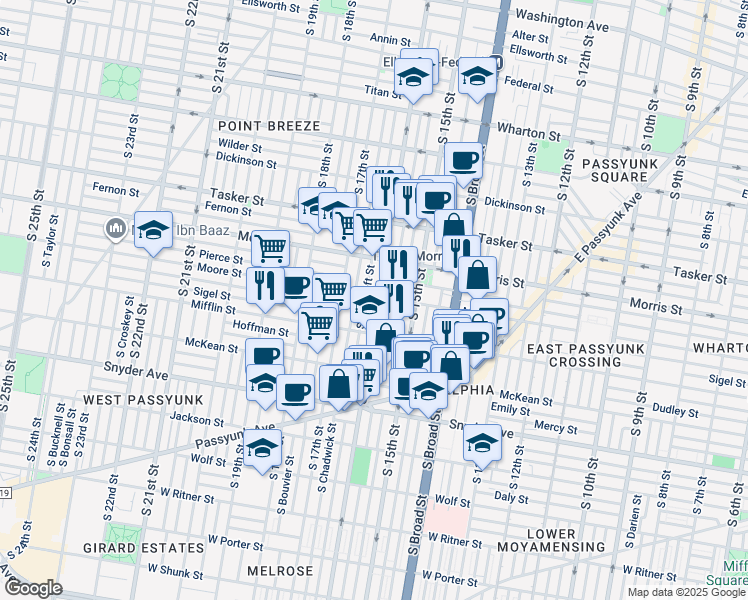 map of restaurants, bars, coffee shops, grocery stores, and more near 1800-02 South 16th Street in Philadelphia