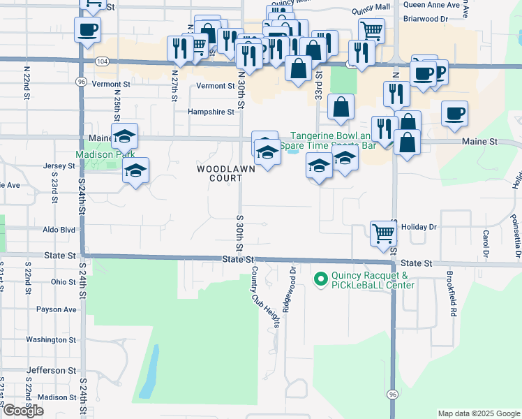 map of restaurants, bars, coffee shops, grocery stores, and more near 3022 Rutledge Place in Quincy