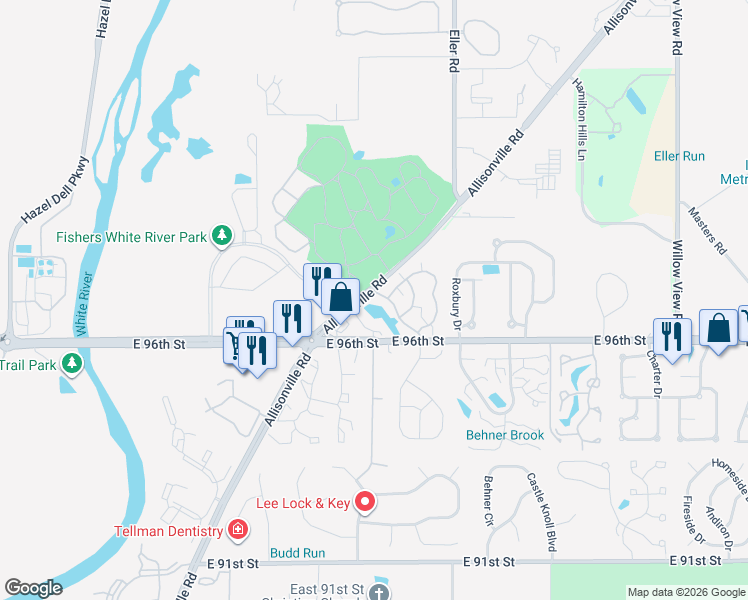 map of restaurants, bars, coffee shops, grocery stores, and more near 9672 Cedar Cove Lane in Indianapolis