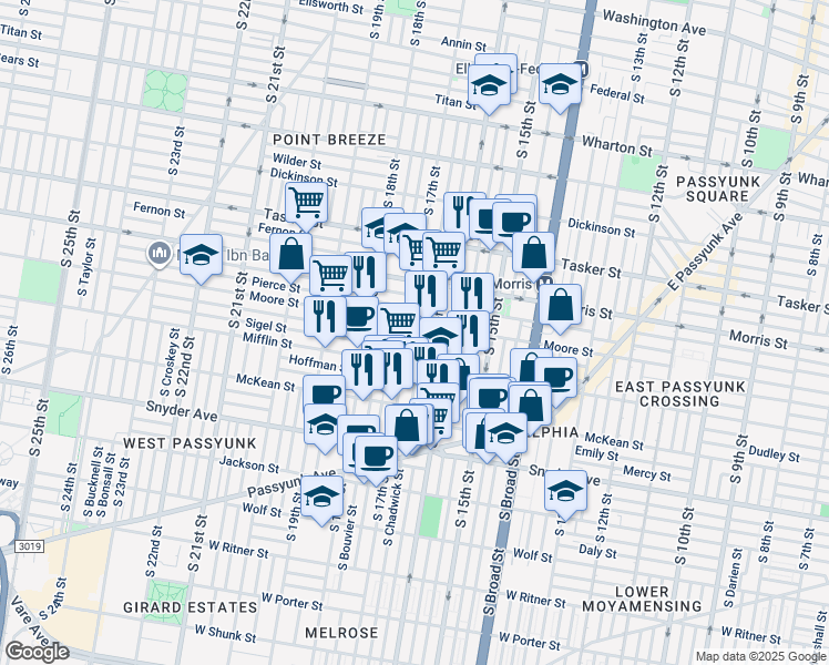 map of restaurants, bars, coffee shops, grocery stores, and more near 1809 South 17th Street in Philadelphia