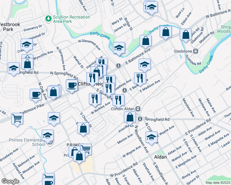 map of restaurants, bars, coffee shops, grocery stores, and more near 32 East Broadway Avenue in Clifton Heights