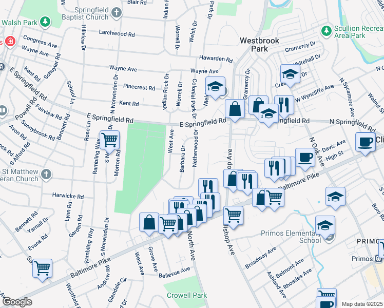 map of restaurants, bars, coffee shops, grocery stores, and more near 54 Netherwood Drive in Springfield