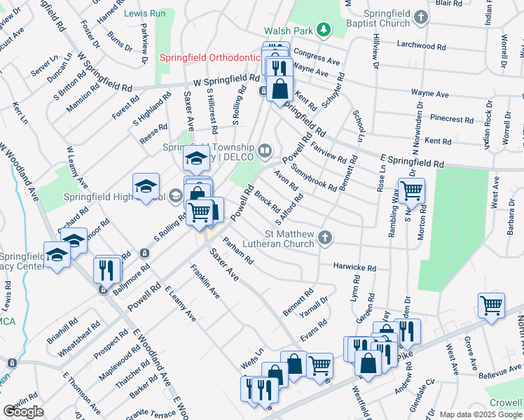 map of restaurants, bars, coffee shops, grocery stores, and more near 221 Lynbrooke Road in Springfield