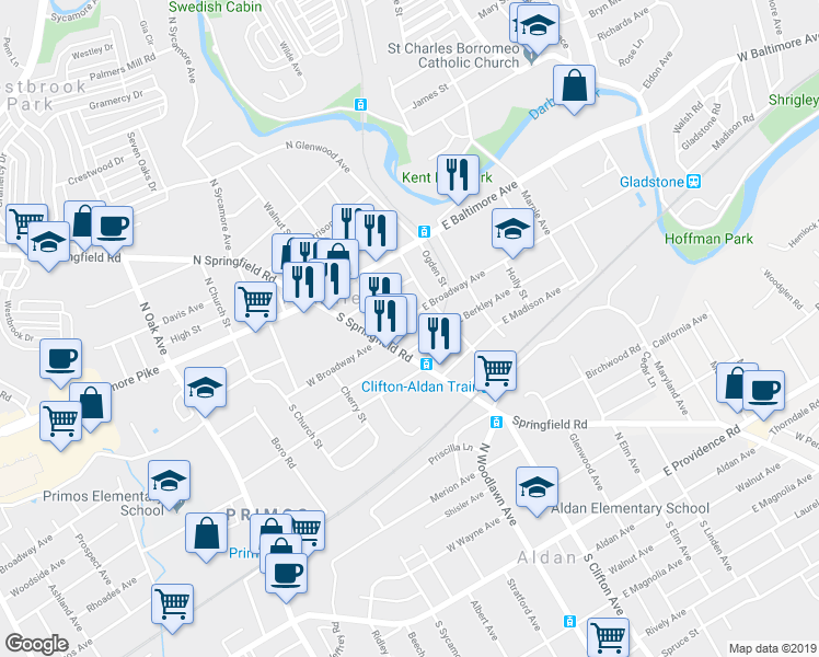 map of restaurants, bars, coffee shops, grocery stores, and more near 32 East Broadway Avenue in Clifton Heights