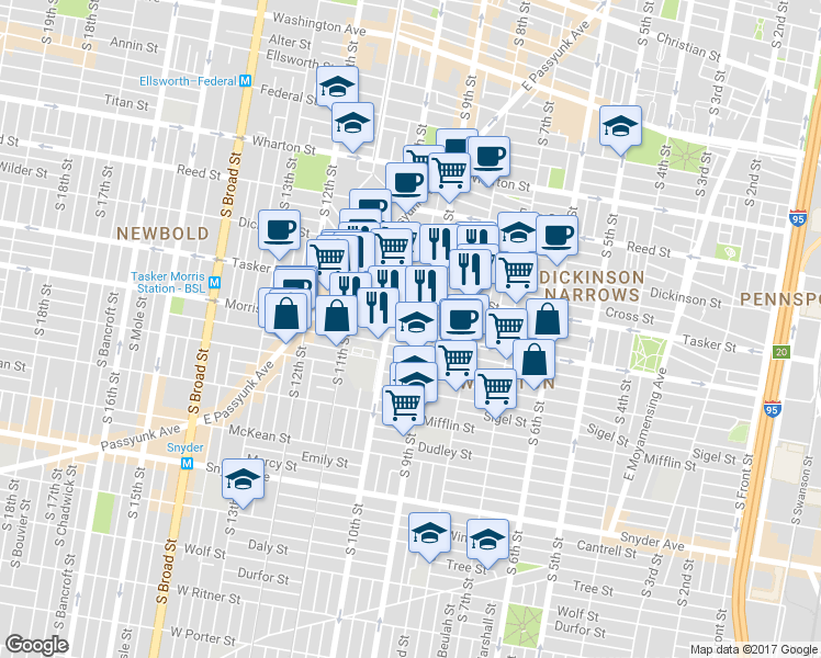 map of restaurants, bars, coffee shops, grocery stores, and more near 919 Morris Street in Philadelphia
