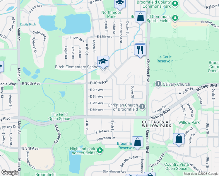 map of restaurants, bars, coffee shops, grocery stores, and more near 981 East 9th Avenue in Broomfield