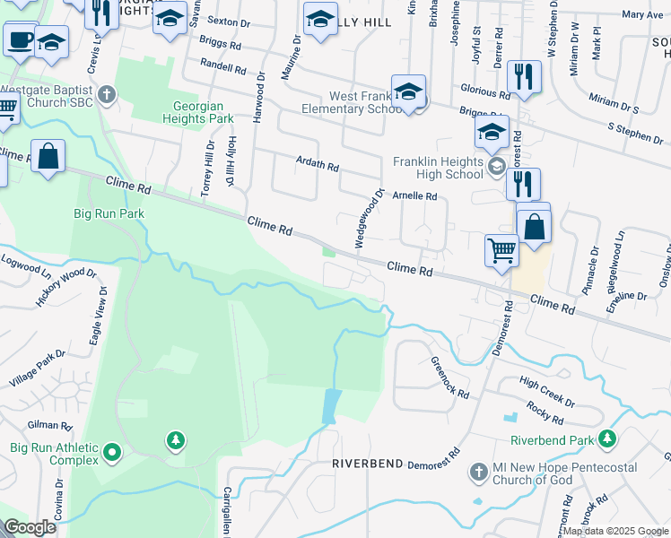 map of restaurants, bars, coffee shops, grocery stores, and more near 3839 Plane Tree Drive West in Columbus