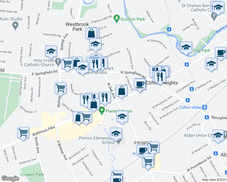 map of restaurants, bars, coffee shops, grocery stores, and more near 45 North Oak Avenue in Clifton Heights