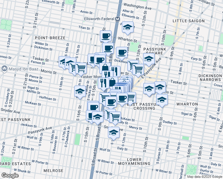 map of restaurants, bars, coffee shops, grocery stores, and more near 1346 Castle Avenue in Philadelphia