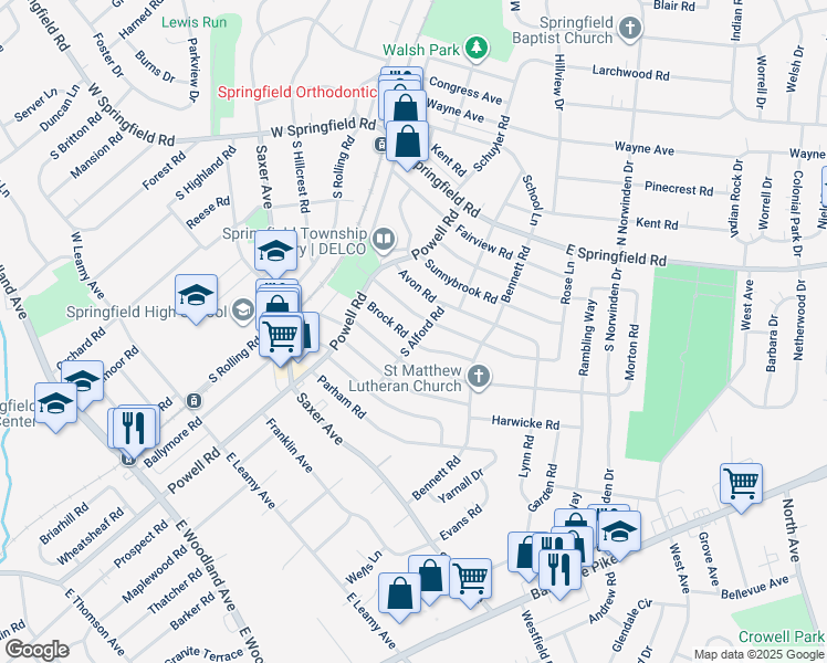 map of restaurants, bars, coffee shops, grocery stores, and more near 253 Brock Road in Springfield