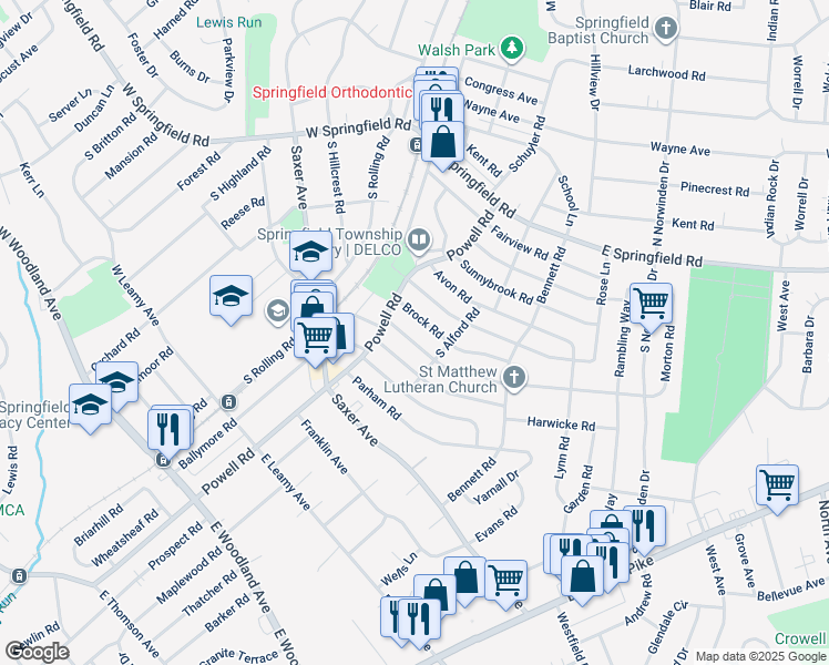 map of restaurants, bars, coffee shops, grocery stores, and more near 225 Lynbrooke Road in Springfield