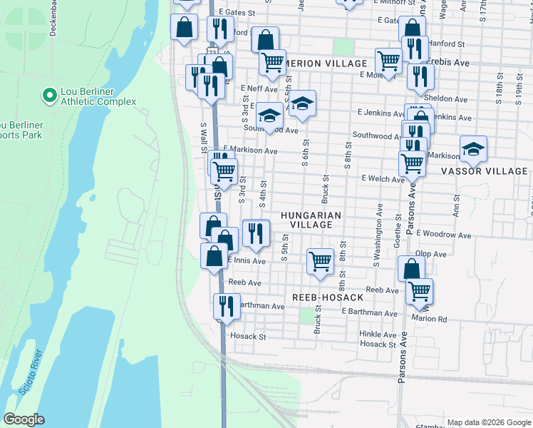 map of restaurants, bars, coffee shops, grocery stores, and more near 1649 South 4th Street in Columbus