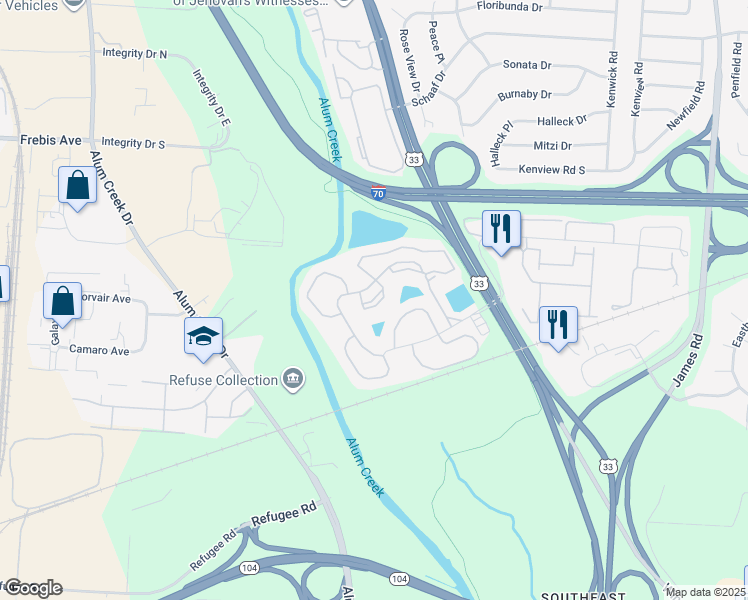 map of restaurants, bars, coffee shops, grocery stores, and more near 2316 Waterpointe Court in Columbus