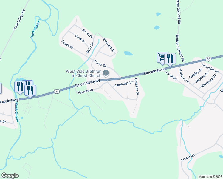map of restaurants, bars, coffee shops, grocery stores, and more near 51 Diopside Drive in Chambersburg