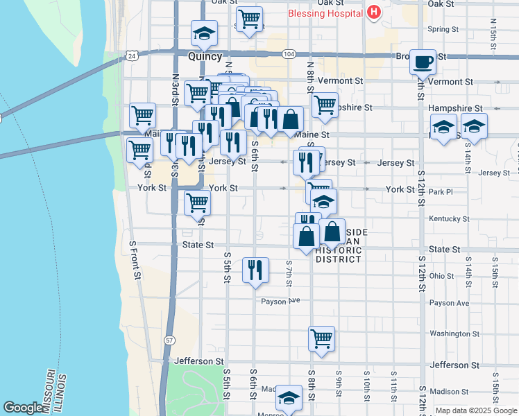 map of restaurants, bars, coffee shops, grocery stores, and more near 330 South 6th Street in Quincy