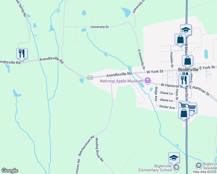 map of restaurants, bars, coffee shops, grocery stores, and more near 45 Beecherstown Road in Biglerville