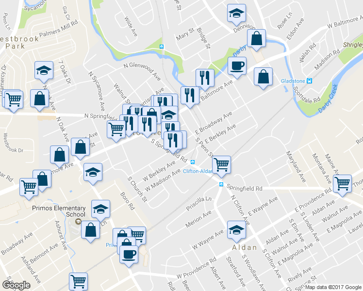 map of restaurants, bars, coffee shops, grocery stores, and more near 30 East Broadway Avenue in Clifton Heights
