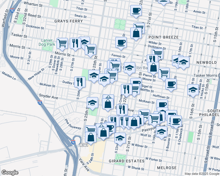 map of restaurants, bars, coffee shops, grocery stores, and more near 1918 South Bonsall Street in Philadelphia