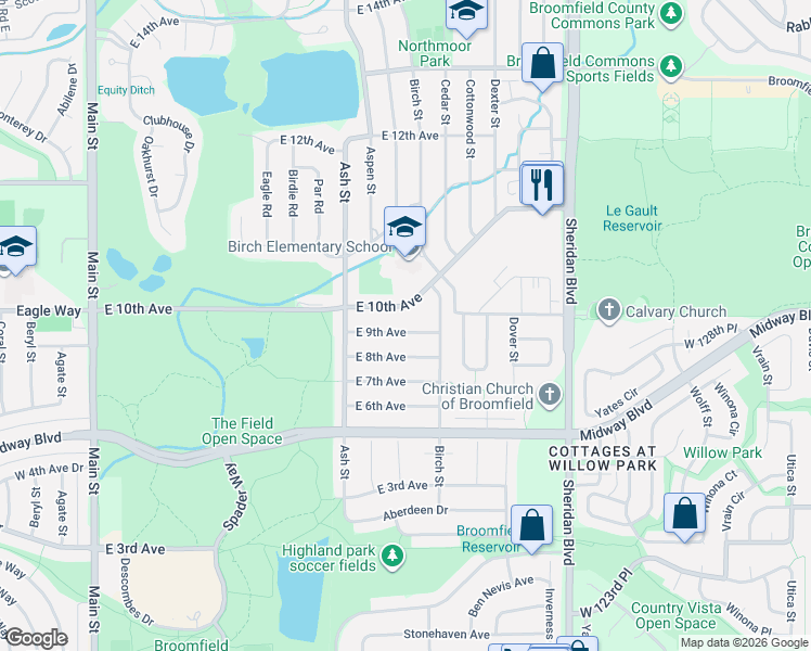 map of restaurants, bars, coffee shops, grocery stores, and more near 945 East 9th Avenue in Broomfield