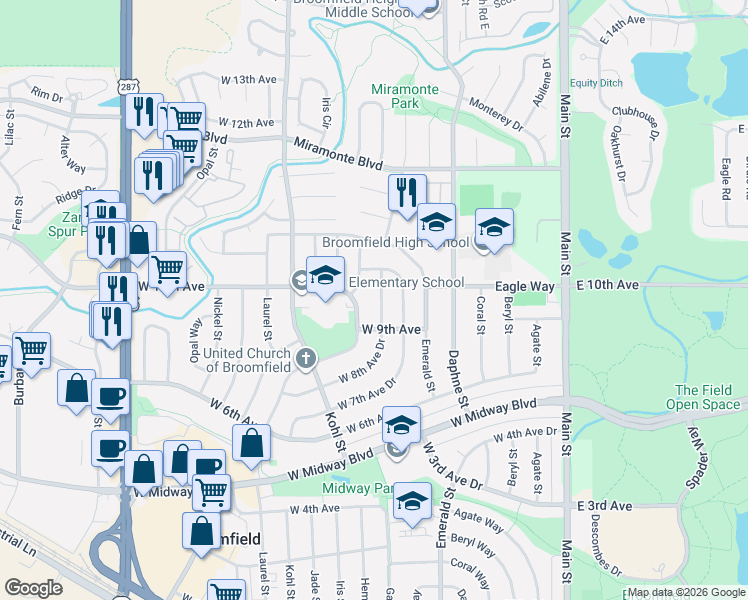 map of restaurants, bars, coffee shops, grocery stores, and more near 940 Garnet Street in Broomfield