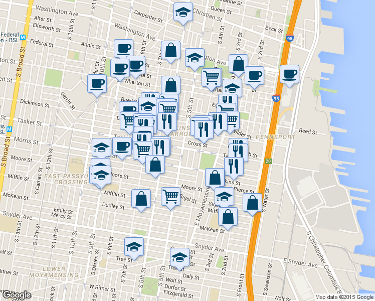 map of restaurants, bars, coffee shops, grocery stores, and more near 427 Tasker Street in Philadelphia