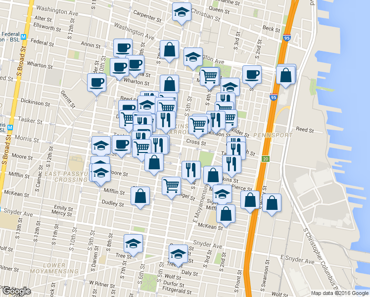 map of restaurants, bars, coffee shops, grocery stores, and more near 427 Tasker Street in Philadelphia