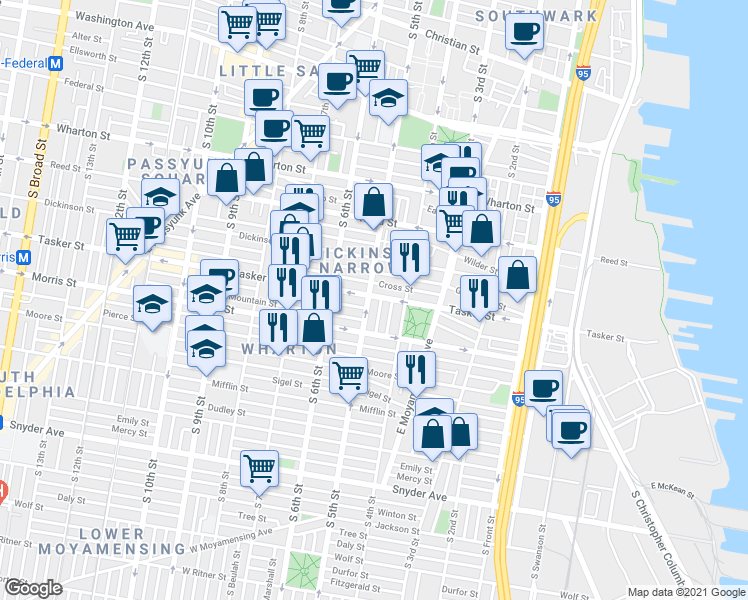 map of restaurants, bars, coffee shops, grocery stores, and more near 427 Tasker Street in Philadelphia