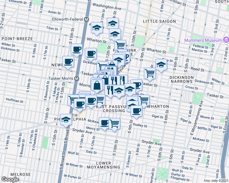 map of restaurants, bars, coffee shops, grocery stores, and more near 1623 South Jessup Street in Philadelphia