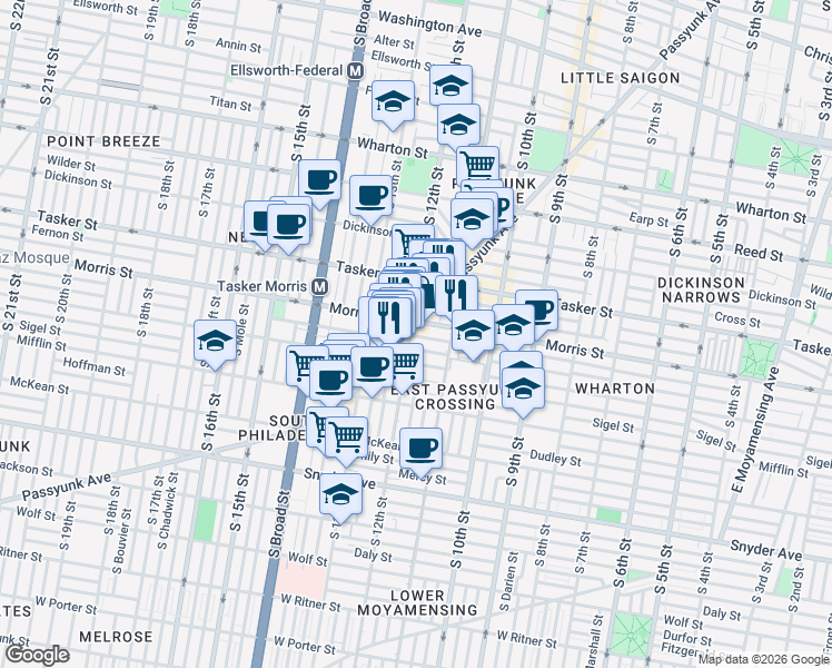 map of restaurants, bars, coffee shops, grocery stores, and more near 1737 East Passyunk Avenue in Philadelphia